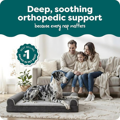 FurHaven Orthopedic Dog Bed For Large Dogs, Sofa Contour Mattress with Solid Orthopedic Foam Slab for Joint Support, Removable Washable Cover, Jumbo Plus XXL, Faux Fur, Charcoal