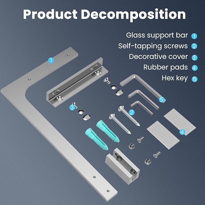 Shower Glass Support Bar, Both Sides Available, Frameless Bathroom Glass Clamp