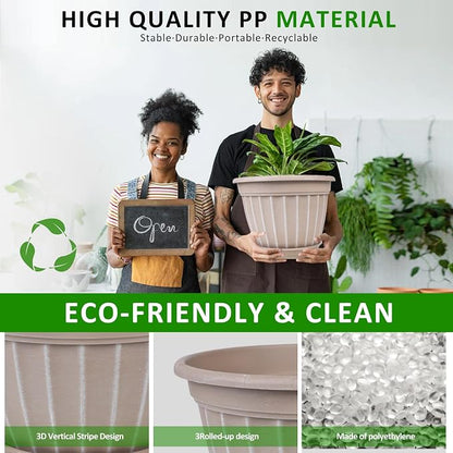 FGstyle 4 Pack 16 inch Plant Pots, Retro Vertical Stripe Planters with Drainage Holes and Saucer, Sturdy Plastic Garden Flower Pots for Indoor & Outdoor Plants(Beige)