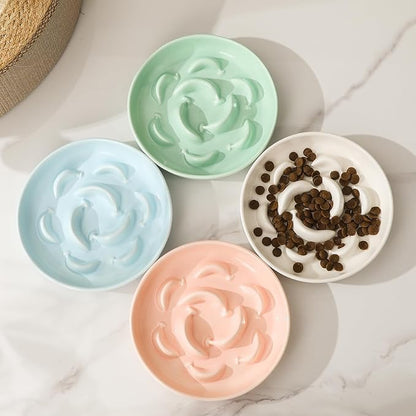 Ceramic Cat Slow Feeder Bowl - Pastel Series Cat Plate for Dry and Wet Food - Cute Maze Feeder Dish for Healthy Eating - Dishwasher Safe - 6.3''W x 1.2''H - 7 OZ - Mint Green