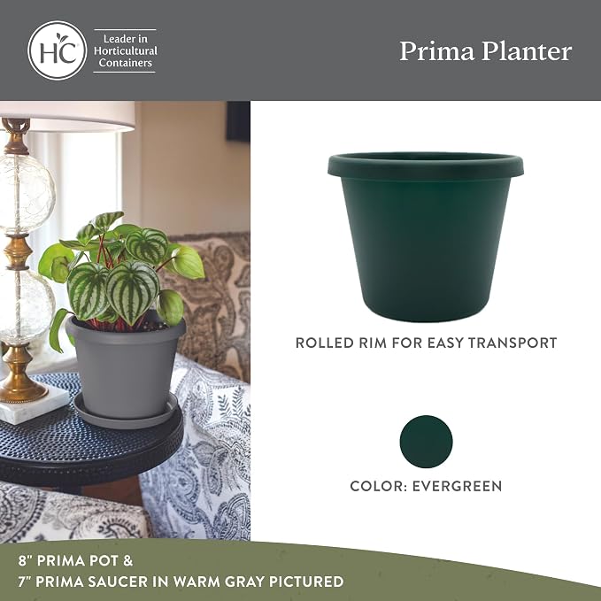 The HC Companies 8 Inch Prima Round Planter Pots with Drainage Holes and Rolled Rim, Lightweight UV-Resistant Plastic Indoor & Outdoor Planters, 4-Pack Flower Pots for Garden & Home Decor, Evergreen