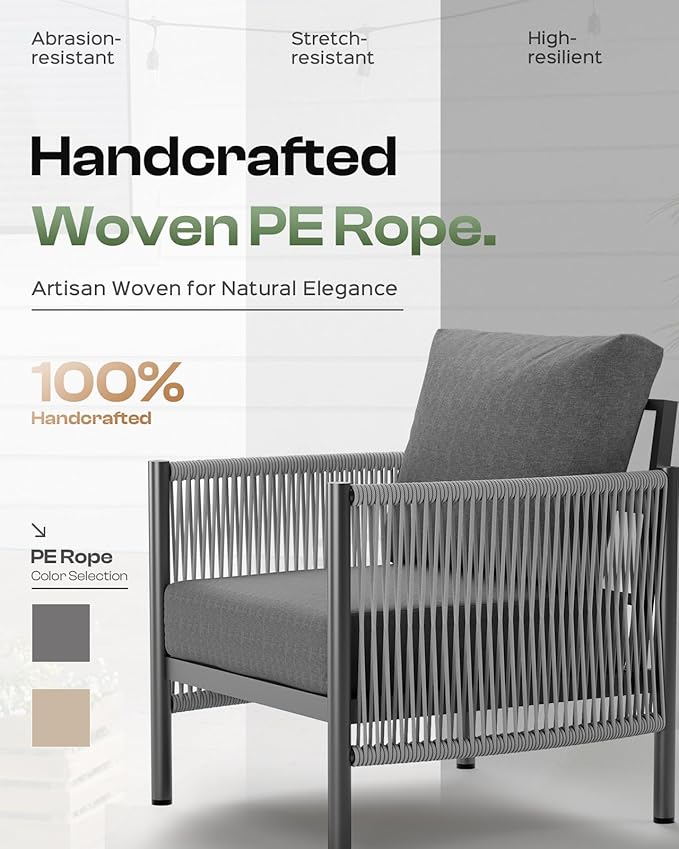Aluminum Outdoor Patio Furniture Set, HDPE Rope 4 Piece Modern Sectional Conversation Sets with Dual-Layer Coffee Table, All Weather Patio Couch Set with Thick Cushions, Gray Frame, Charcoal