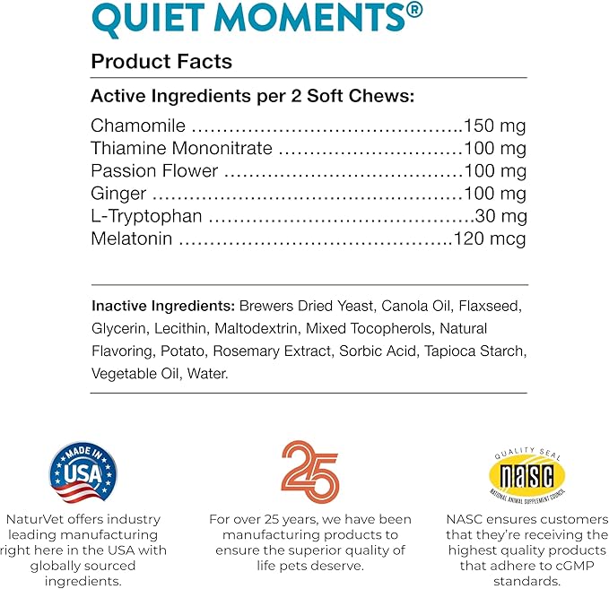 NaturVet Quiet Moments Calming Dog Supplement, Dog Soft Chews with Melatonin to Help Reduce Stress from Storms, the Vet, Fireworks, and Travel, Bacon and Chicken Flavored Pet Supplement, 240 Count Jar