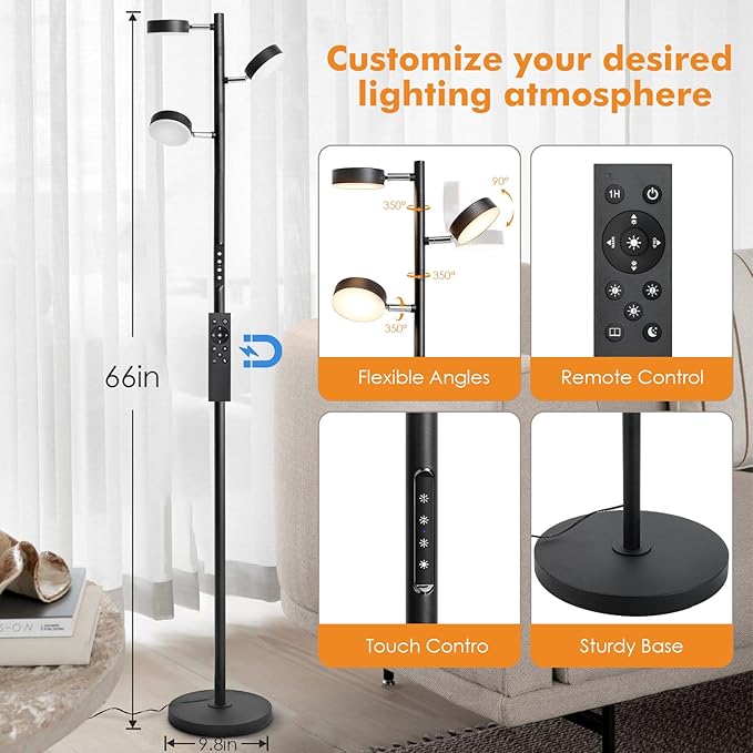 LED Tree Floor Lamp with Remote & Touch Control, 3 Heads Adjustable Dimmable Modern Floor Lamps with Timer, 4 Color Temperatures, Tall Standing Lamp for Living Room, Bedroom, Office, Black