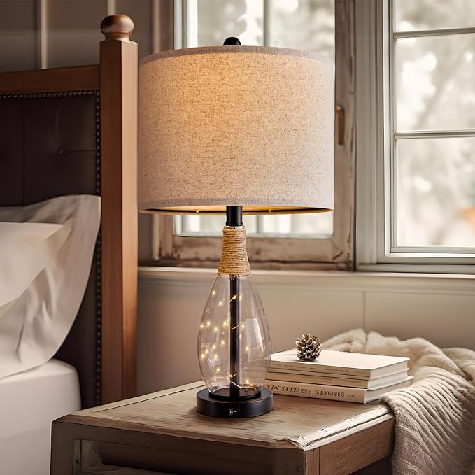 OYEARS 23" USB A+C Table Lamp for Bedroom Living Room Modern Bedside Lamps Retro Farmhouse Rattan Glass Nightstand Nightlight Lamps (Black),Two Light Points