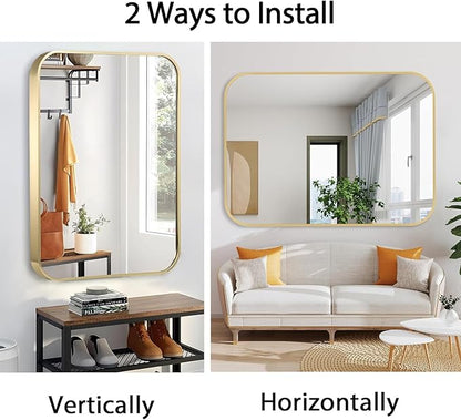 40x30 Inch Gold Bathroom Mirror, Brushed Gold Metal Framed Rectangular Mirror