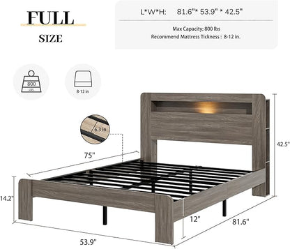 Full Size Wooden Bed Frame with Bookcace Storage Headboard, Rustic Farmhouse Bedframe with LED Lights and Charging Station, Sturdy and Stable, Slat Support, No Box Spring Required (Light Brown, Full)