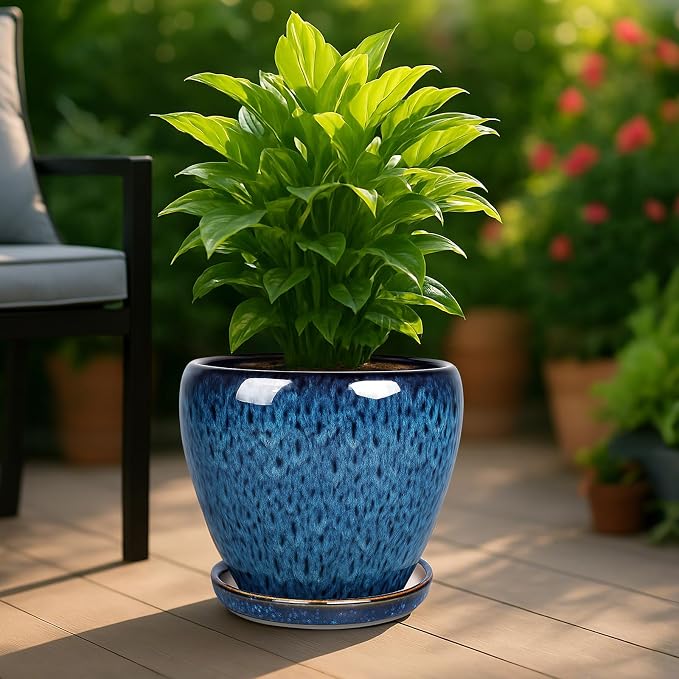 Deep Dream 10 Inch Plant Pot- Ceramic Planter Pot Round Plant Pots for Indoor Plants Outdoor Large Flower Pot with Drainage Holes & Trays, Blue