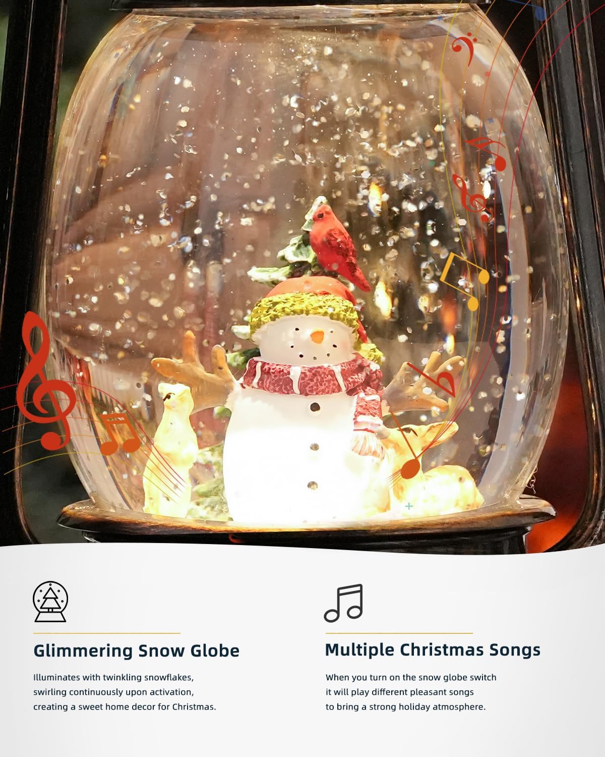Christmas Decorations Indoor-Musical Snow Globe with 6H Timer,Snowman Cardinal Deer Lighted Scene Snow Globes Lantern USB or Battery Powered,Christmas Decorations Decor for Home
