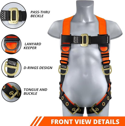 TRSMIMA Safety Harness Fall Protection - Safety Harnesses Construction Kit | Fall Arrest Full Body Safety Harness with Shock Absorbing Lanyard Tongue Buckle Orange