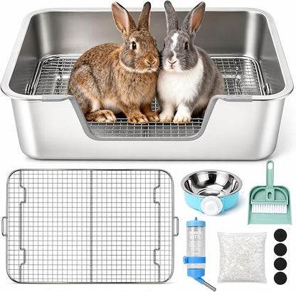 Rypet Large Rabbit Litter Box, Bunny Litter Box High Side with 304 Stainless Steel Sifting Tray, Metal Small Animal Litter Pan with Pet Food Bowl and Water Bottle, Non-Slip Easy to Clean Odor Control