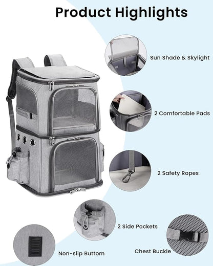 HOVONO Double-Compartment Cat Backpack Carrier for 2 Pets up to 18 lbs | 2-in-1 Pet Backpack Carrier for Small Cats & Dogs, Perfect for Traveling/Hiking /Camping/Vet Grey