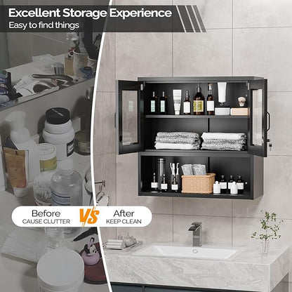 VINGLI Metal Wall Cabinet with Locking Glass Doors & Magnetic LED Sensor Light