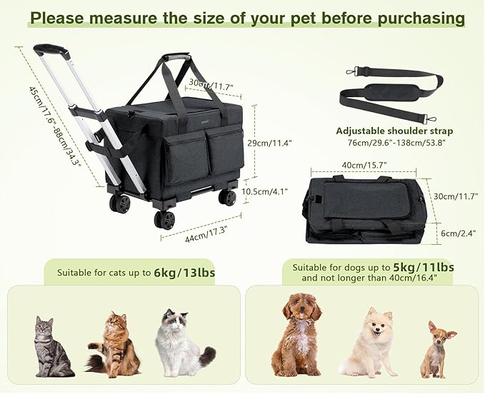 Pecute Cat Carrier with Wheels,Steel Wire Frame Cat Carrier, Stable Pet Trolley Bag for Cats, Pet Handbag and Stroller, Portable Cat Carrier Bag for Car Travel Bus Subway, Dark Grey