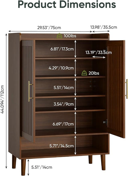 Shoe Storage Cabinet with 2 Slatted Doors, 6-Tier Large Shoe Cabinet with