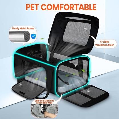 Top-Expandable Small Pet Carrier with Wheels Airline Approved | 17"x11"x9.5", for Alaska Airlines, Lockable Safety Zippers and Anti-Scratch Mesh, Pets Under 10 Lbs, Black