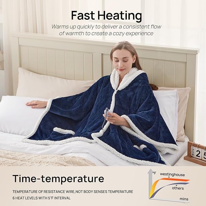 Westinghouse Wearable Heated Throw Blanket, Electric Heated Wrap Poncho Shawl