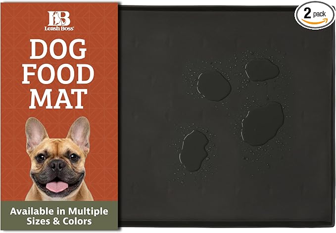 Leash Boss Dog Food Mat - 2-Pack, Waterproof Cat & Dog Bowl Mat for Food and Water, Silicone Pet Feeding Mats for Floors, Non-Slip Placemat with High Edges, Puppy Essentials (Small: 18"x11", Black)