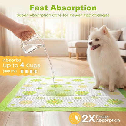 MIZOK Puppy Pads with Adhesive Tabs Green Daisy Prints Small 22x22in 100Ct | Cute Printed Wee Wee Pads for Dogs Feature Fun Designs and Sticky Bottom Strips to Keep Indoor Training Mess Free