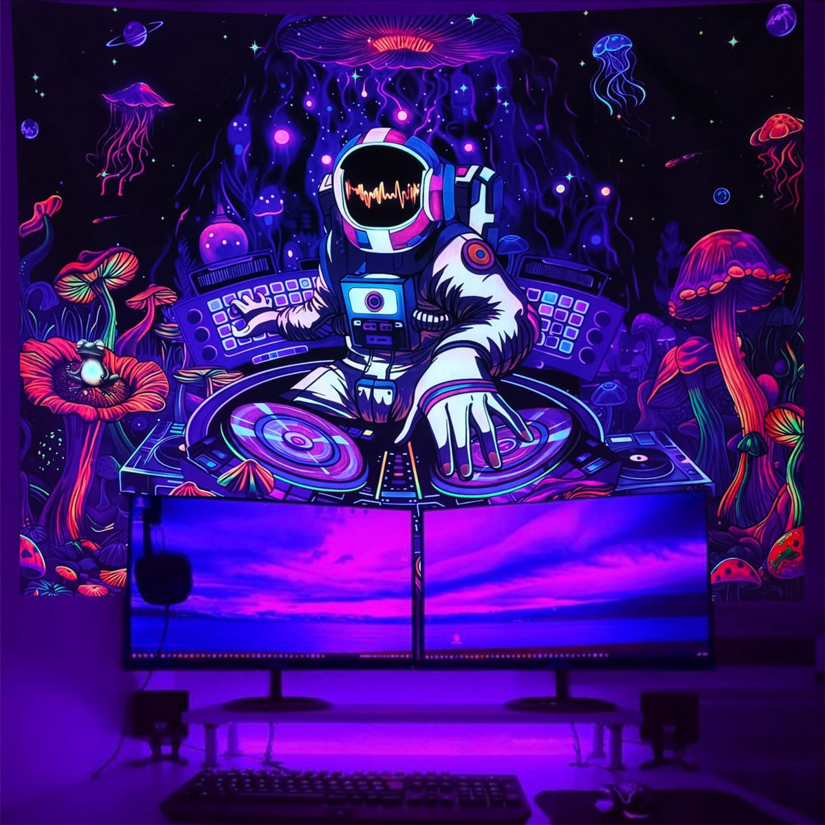 Blacklight Astronaut Tapestry Glow In The Dark Funny DJ Music Tapestry UV Reactive Space Galaxy Planet Mushroom Floral Jellyfish Frog Tapestries Wall Hanging for Home Dorm Living Room Decor W59×H51
