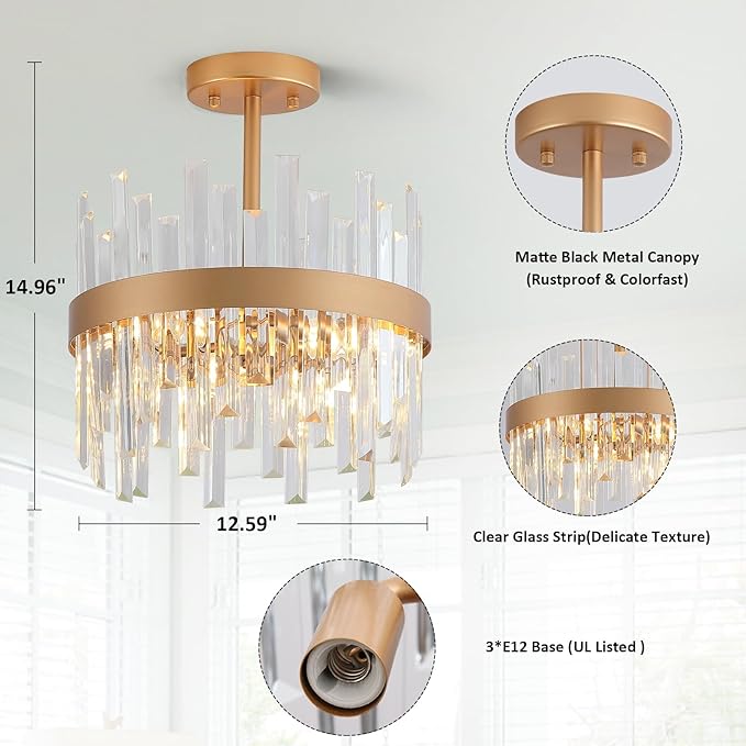 Gold Semi Flush Mount Ceiling Light Fixture, Modern Hallway Light Fixtures Ceiling Mount, Foyer Kitchen Lighting Fixtures Ceiling Lights for Bedroom, Bathroom, Laundry Room, Entryway