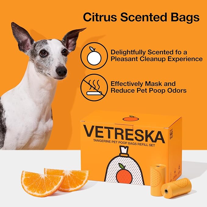 VETRESKA Citrus Scented Dog Poop Bags, Leak Proof, Extra Thick and Large Pet Waste Bags for Dogs Walking, Cat Litter and Babies' Diaper, 540 Count Bags (36 Refill Rolls), Orange