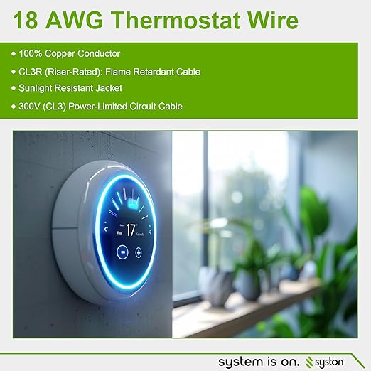 Syston 18/7 Thermostat Doorbell HVAC Heating Control Cable Wire, 100% Solid