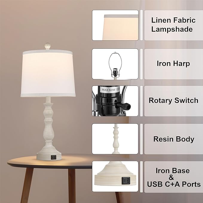 23'' Farmhouse Table Lamps for Living Room Set of 2 with USB C+A Ports, Retro Bedside Lamp for Bedroom, Office, Dining Room, Knob Switch, 3 Color Temperatures, Bulb Included, Beige