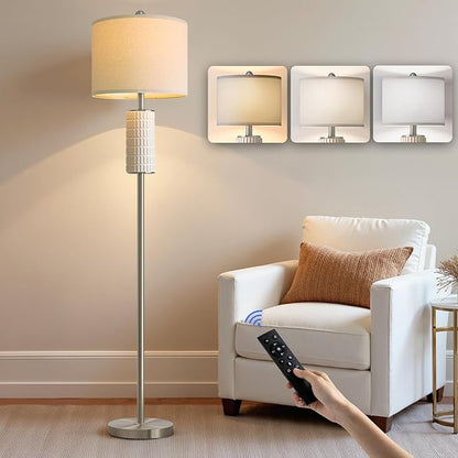 PoKat Ceramic Floor Lamps with Remote, 64" Modern Floor Lamps for Living Room with Stepless Dimmable Colors Temperature, Tall Standing Lamp for Living Room Bedroom Office, 9W Bulb Included, Silver