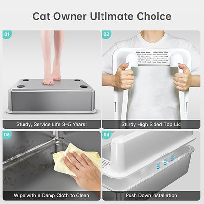 WoofiGo Stainless Steel Cat Litter Box with Lid, XL Metal Litter Box for Big Cats, Extra Large Litter Box with High Sides, Never Absorbs Odors, Non-Sticky, Easy Clean, Anti-Urine Leakage, with Scoop
