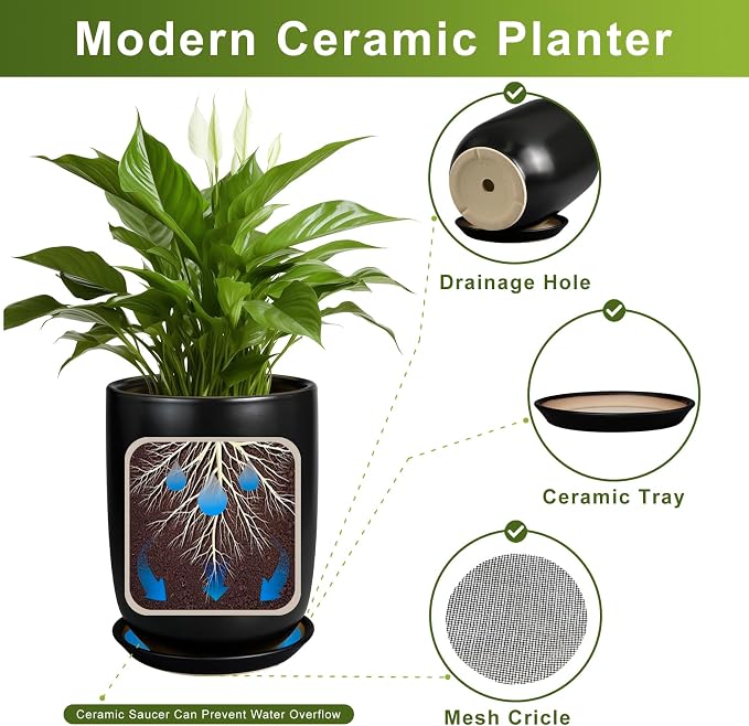 Ceramic Planter 10 Inch - Ceramic Pot for Indoor Plants Outdoor Plant Pot with Drainage Hole and Saucer Cylinder Flower Pot Black