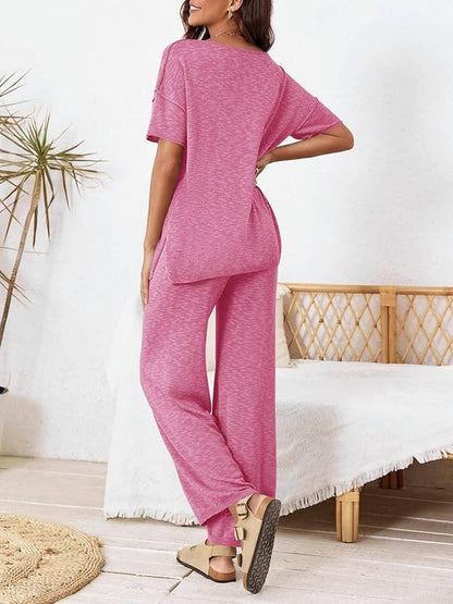 Tankaneo Women's 2 Piece Travel Outfits Casual Short Sleeve Knit Sweater Set Wide Leg Pants Lounge Sets Tracksuit