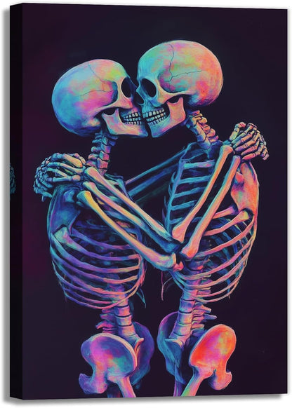 Skeleton Wall Art Kissing Skull Art Poster Skeleton Lover Picture Print On Canvas Abstract Horrible Theme Painting Framed Artwork Living Room Decor(Artwork-3,16"x24")
