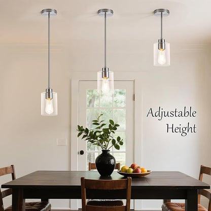 MAYNA 2-Pack Brushed Nickel Hanging Lamps, Contemporary Kitchen Island Pendants with Bulbs, Adjustable Rods Clear Glass Cylinder Lighting for Dining Area