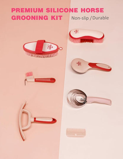 Horse Grooming Kit, 9 Piece Grooming Brush Set with Silicone Curry Comb for Bathing & Shedding Pink Garnet