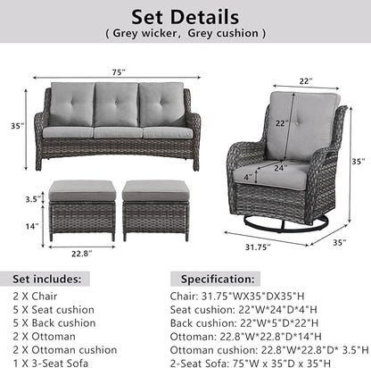 Belord 5 Piece Outdoor Patio Furniture Set - Wicker Furniture Patio Conversation Set, Outdoor Swivel Rocker Chairs with 3-Seater Sofa and 2 Ottomans for Small Space, Gray Cushion