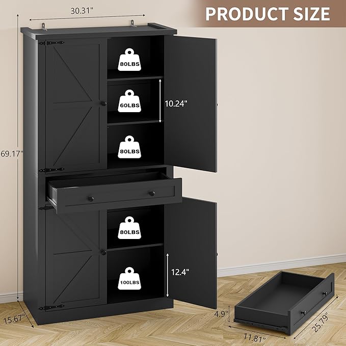 Pantry Organizers and Storage Cabinet, 70” Barn Door White Kitchen Cabinet