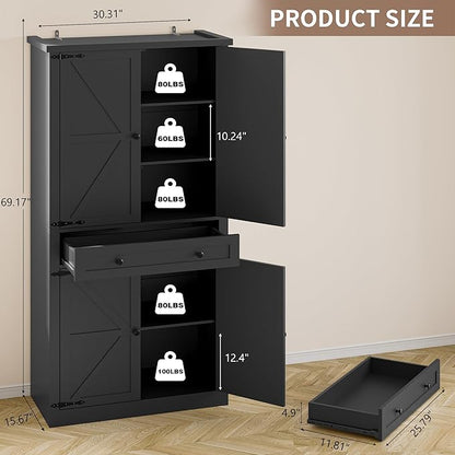 Pantry Organizers and Storage Cabinet, 70” Barn Door White Kitchen Cabinet