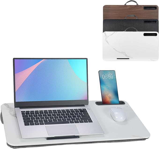 Portable Laptop Desk Fits Up to 16“ Laptops, with Tablet Slot, Built-in Cushion, Great for Home & Office,Lap Desk for Laptop,Lap Desk with Cushion (White Marble, Large)