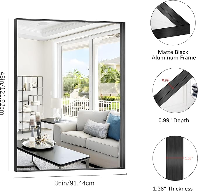 Black Bathroom Mirror, 36x48 Inch Rectangular Deep Frame Mirror, Large Wall