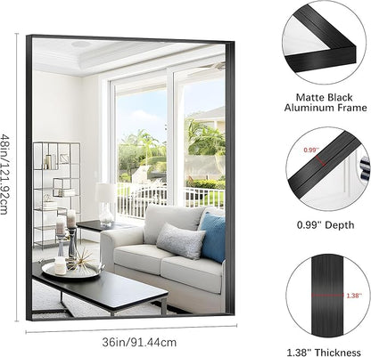Black Bathroom Mirror, 36x48 Inch Rectangular Deep Frame Mirror, Large Wall