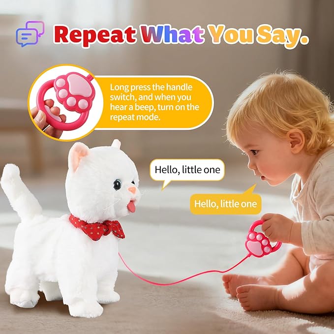 White Leash Walking Cat Set Interactive Talking Cat Singing Dancing Kitten Mimicking Repeat What You Say Kitty Touch and Voice Control Nodding Wagging Tail Plush Electric Kitty for Kid Gril