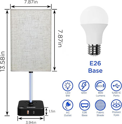 COZOO 3 Way Dimmable Touch Bedside Table Lamp with 3 USB Charging Ports 2 Outlets Power Strip,Black Charger Base White Fabric Shade,LED Desk Night Light for Bedroom/Nightstand/Living Room/College Dorm