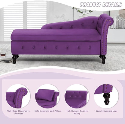 ACMEASE Upholstered Chaise Lounge with Right Armrest & Lumbar Pillow,Button Tufted Lounge Sofa with Storage,Lounge Chair Indoor,Modern Velvet Lounge Chair for Bedroom, Living Room and Office,Purpel