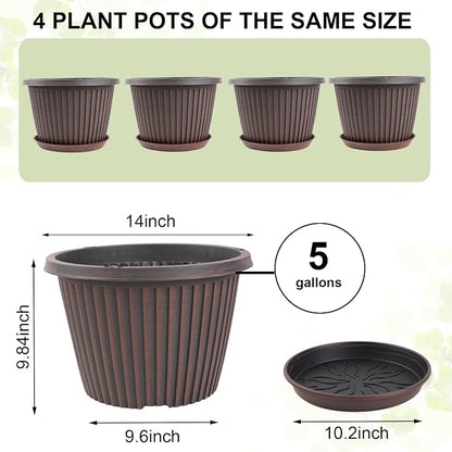 Large-Planter-Indoor-Outdoor Plant Pots, 14 inch 4 Pack Plastic Flower Pots with Saucer And Drainage Holes, Modern Garden Planters For Planting Medium Large Plants， Decorative Resin Garden Pots