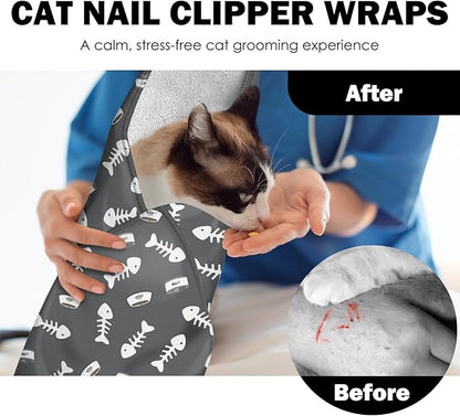 27.6"Cat Grooming Wrap, Self Adhesive Cat Wrap for Cutting Nails, Anti-Escape Calming Cat Swaddle Wrap for Medicine Ear Cleaning, Anti-Scratch Cats Burrito Restraint Blanket, Pet Tool Grey (6-10 lbs)