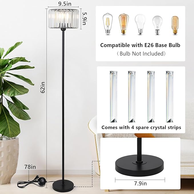 HMVPL Black Floor Lamp for Bedroom, Modern Floor Lamp for Living Room with K9 Crystal Shade, Industrial Standing Lamp with On/Off Switch, Vintage Corner Tall Lamp for Nursery Office Kids Girls Room