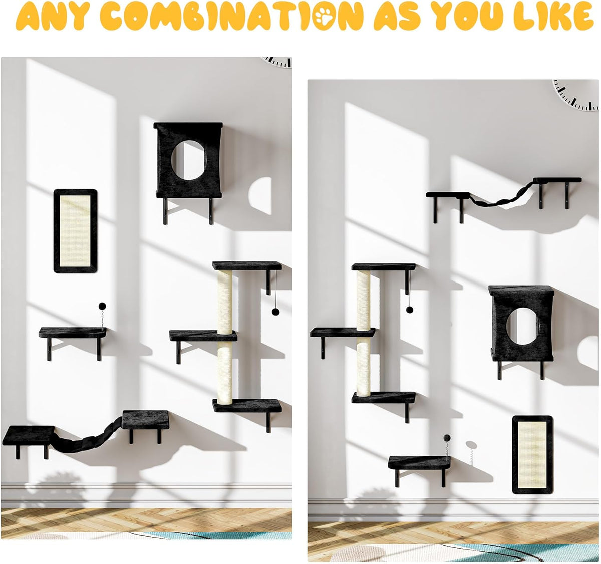 NUNU LAB Cat Wall Shelves, 10-in-1 Wall-Mounted Cat Furniture Set, Large Cat Climber Set with House, Bridge, Steps, Scratcher, DIY Playground, Shelves for Indoor Wall Furniture Set - Black