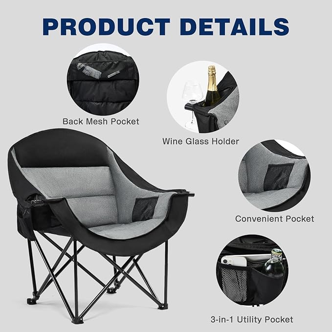 apollo walker Oversized Camping Chair - Extra Wide Heavy Duty 500lbs Camping Chairs for Adults with Cup Holder & Cooler Bag, Folding Lawn Chair for Outdoor, Beach, Park