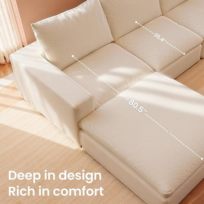Vorthio Cloud Couch Sectional Oversized Modular Sofa with 35'' Deep Seat Boneless Couch Comfy Sofa Stain-Resistant White Sectional Couches for Living Room Apartment 4 Seater